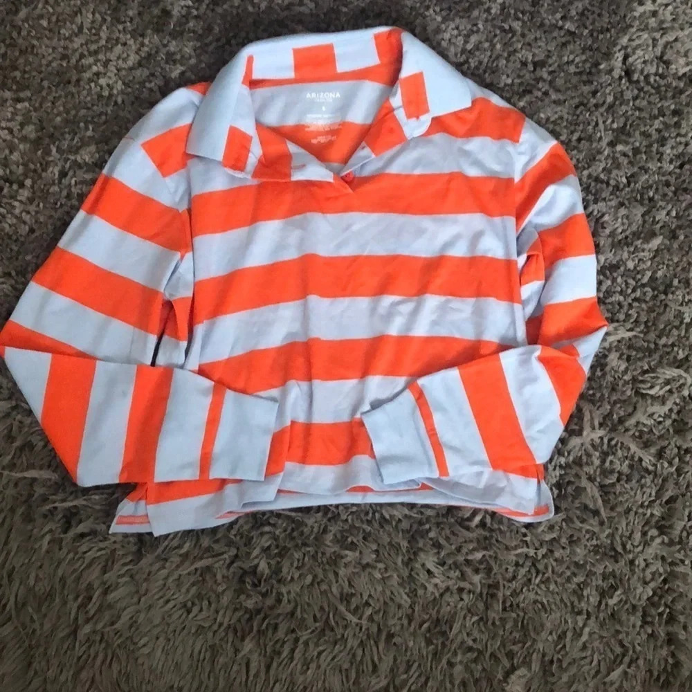 Arizona Striped Polo Shirt Long Sleeve Collared Top Orange White Size S
